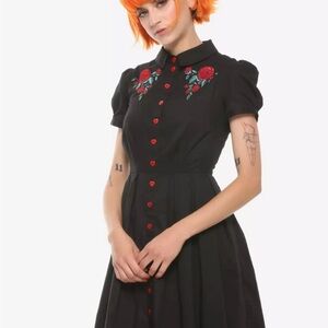 Hell Bunny Rose Amora Embroidered Pinup Dress Black Button up NWT Rare